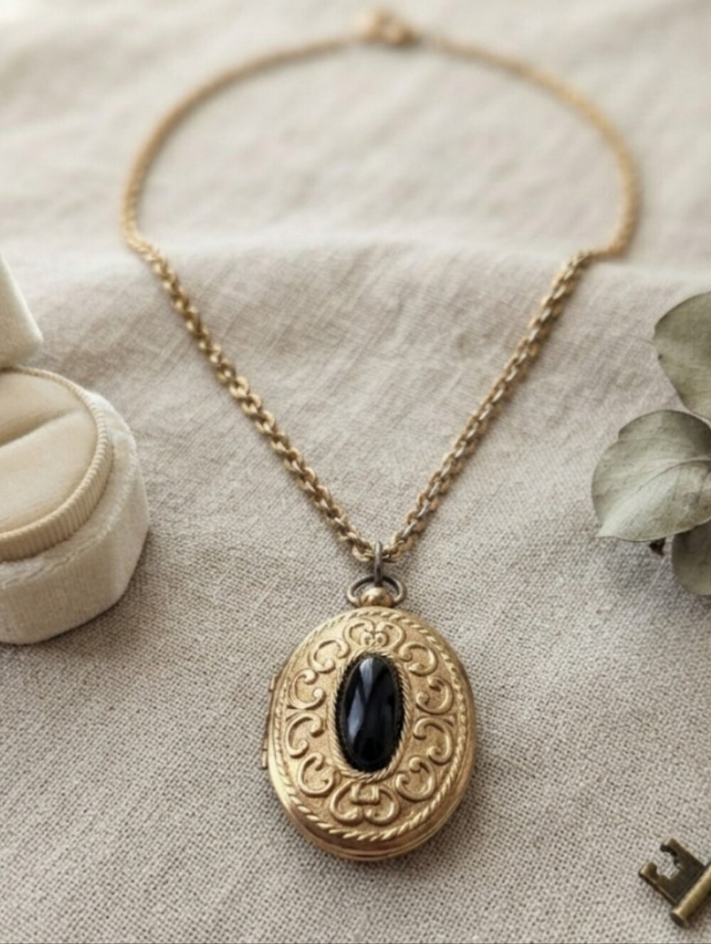 ​Vintage Ornate Filigree Black Cabochon Locket Chain Necklace, Goldtone